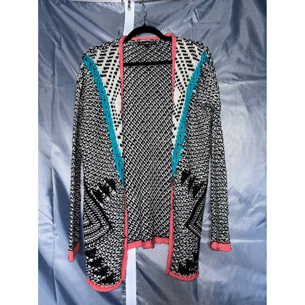 Derek Heart Open Front Cardigan Small Black White Teal Coral Trim